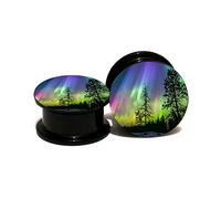 Mesnt 2PCS Acrylic Tunnels Double Flare 5mm Ear Plugs Flesh Tunnels 4G Aurora and Trees Pattern Piercing Tunnels Expander Stretcher Piercing Jewelry, Black