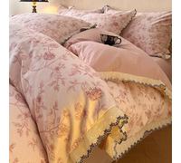Mesnt 4 Piece Bedding Set Cotton, Double Flower Pattern with Lace Trim Duvet Quilt Cover & Fitted Sheet & 2 Pillowcase Set, Pink, Style 1, 1.5m-200x230cm
