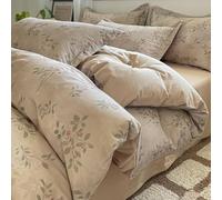 Mesnt 4 Pieces Duvet Cover Set Cotton, Queen Leaf Pattern Bedding Set with Fitted Sheet and 2 Pillowcases, Light Brown, Style 2, 1.8m-200x230cm