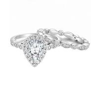 Mesnt 925 Sterling Silver Ring for Women, Women Sterling Silver Engagement Ring 2-Piece Set with 6x9mm 1.5ct Teardrop Cubic Zirconia, Silver, Size L 1/2