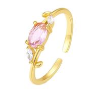 Mesnt Adjustable Ring Band, Ladies 9K Yellow Gold Leaf Shape Open Adjustable Ring with 4x6mm Pink Created Morganite and Moissanite, Size S 1/2