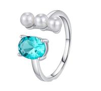 Mesnt Adjustable Ring White Gold, Women's 18K Gold Open Ring with 6x8mm Oval Tourmaline and Pearl, Size M 1/2