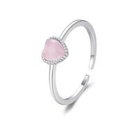 Mesnt Adjustable Ring White Gold, Womens 9K Gold Thin Open Ring with 5mm Heart Shape Pink Opal, Size S 1/2