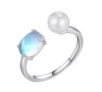 Mesnt Adjustable Rings, Ladies 9K White Gold Comfortable Open Adjustable Ring with 6x8mm Oval Moonstone and Round Pearl, Size M 1/2