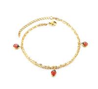 Mesnt Anklet Bracelets for Women Stainless Steel, Gold Anklets Bracelet for Womens Double Layer Chain with Flower/Ladybug/Dragonfly Anklet for Summer Beach, S, Metal, no gemstone