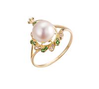 Mesnt Band Rings for Women Gold, 18K Yellow Gold Engagement Ring for Ladies with 8mm Round Shape Pearl and Tsavorite 0.07ct, Size S 1/2