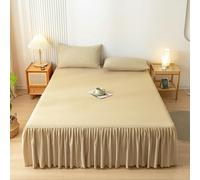 Mesnt Bed Skirt Dorm, Chemical Fiber Solid Color Bed Skirt and 2 Pillowcases Easy Care, Khaki, Super King (180x200cm)
