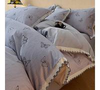 Mesnt Cotton Duvet Cover Sets 4 Pieces, Double Butterflies Pattern with Lace Trim Bedding Set with Fitted Sheet and 2 Pillowcases, Grey, Style 10, 1.5m-200x230cm