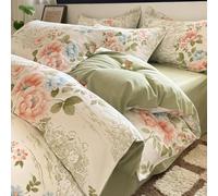 Mesnt Double Bed Sheet Set 4 Piece Cotton, Flower and Leaf Pattern Bedding Set with Bed Sheet and 2 Pillowcases, Pink Green, Style 13, 1.5m-200x230cm