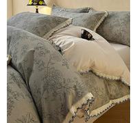 Mesnt Double Duvet Cover Sets Cotton, Flower Pattern with Lace Trim Bedding Set with Fitted Sheet and 2 Pillowcases, Grey, Style 4, 1.5m-200x230cm