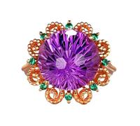 Mesnt Gemstone Ring for Women, 18K Rose Gold Ring for Ladies with 13x13mm Round Shape Amethyst and Lab Created Emerald 11ct, Size Q 1/2