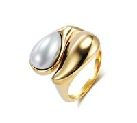 Mesnt Gold Wedding Ring for Women, Stainless Steel 22MM Wide Twisted Design Stainless Steel Ring for Women with Teardrop Simulated Pearl, Size N 1/2
