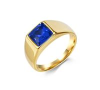 Mesnt Men Womens Promise Rings Stainless Steel, 10MM Wide Polished Engagement Ring with Rectangle Blue Stone, Gold, Size R 1/2