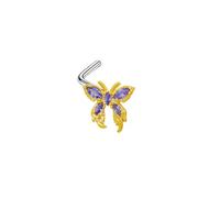 Mesnt Piercing Nose Rings Surgical Steel, 1pcs 20G L Shape Piercing Nose Studs Butterfly with Cubic Zirconia, Gold Purple, 0.8x7mm