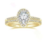 Mesnt Promise Rings Band for Her, 925 Sterling Silver 2Pcs Halo Engagement Rings Set with 6x9mm Pear Shape Cubic Zirconia, Gold, Size L 1/2
