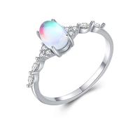 Mesnt Promise Rings Band for Her, Womens 14K White Gold Dainty Ring with 5x7mm Oval Moonstone and Moissanite, Size T 1/2