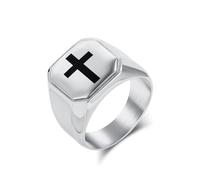 Mesnt Ring Stainless Steel, 16MM Wide Polished Signet Ring for Men Women with Cross Pattern, Silver, Size V 1/2