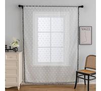 Mesnt Semi Blackout Curtains For Bedroom, Polka Dot with Pom Pom Voile Curtains for Living Room, White Black, 59W x 79L inch