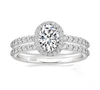 Mesnt Silver 925 Ring for Women, 2Pcs Halo Wedding Rings Set with 6x8mm Oval Shape Cubic Zirconia, Silver, Size H 1/2