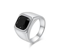 Mesnt Stainless Steel Rings for Men, 16MM Wide Polished Stainless Steel Ring with Black Stone, Silver, Size R 1/2