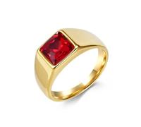 Mesnt Stainless Steel Rings for Men Women, 10MM Wide Polished Engagement Ring with Rectangle Red Stone, Gold, Size P 1/2