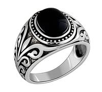 Mesnt Sterling Silver Vintage Wedding Rings, Men 925 Sterling Silver Vintage Antique Pattern with Black Agate Promise Ring Silver, Size V 1/2