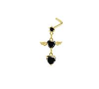 Mesnt Surgical Steel Nose Ring Stud, 1pcs 20G L Shape Piercing Nose Studs Angel's Wings and Heart Cubic Zirconia, Gold Black, 0.8x7mm