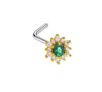 Mesnt Surgical Steel Nose Rings Studs, 1pcs 20G L Shape Piercing Nose Studs Flower with Cubic Zirconia, Gold Green-Style 1, 0.8x7mm