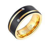 Mesnt Tungsten Ring for Men Black, 8MM Matte Band with Two Grooves and Cubic Zirconia Promise Wedding Ring, Black Gold, Size R 1/2