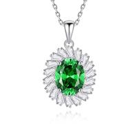 Mesnt White Gold Necklaces for Women 9ct, Flower with 10x8mm Oval Lab Created Emerald and Moissanite Pendant Necklaces 40+5cm