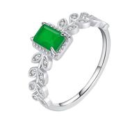 Mesnt White Gold Ring Band, Ladies 9K Gold Ring with Leaf Shape Moissanite and 4x6mm Rectangle Lab Created Emerald, Size T 1/2