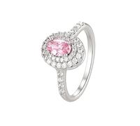 Mesnt Women 14K White Gold Halo Engagement Ring for Her with Oval Created Pink Sapphire and Moissanite, Size M 1/2