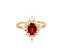 Mesnt Women 9K Yellow Gold Vintage Half Eternity Engagement Ring with Oval Created Ruby and Moissanite, Size M 1/2