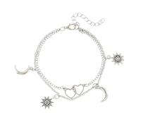 Mesnt Womens Ankle Bracelet Silver, Double Chain with Entwined Heart and Sun, Moon Pendant Anklet Bracelets for Women, Length: 21+7CM
