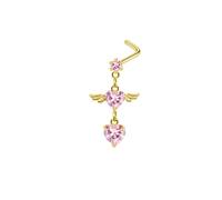 Mesnt Womens Nose Rings Studs, 1pcs 20G L Shape Piercing Nose Studs Angel's Wings and Heart Cubic Zirconia in Stainless Steel, Gold Pink, 0.8x7mm