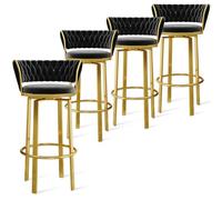 MESOVFCA 360 ° Swivel Height Bar Stools Set of 1/2/3/4, Open-back Velvet Barstools with Woven Back and Gold/Black Footrest, Dining Chairs for Kitchen Island Pub,Black Gold Leg,4 PCS