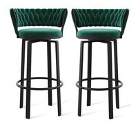 MESOVFCA 360 ° Swivel Height Bar Stools Set of 1/2/3/4, Open-back Velvet Barstools with Woven Back and Gold/Black Footrest, Dining Chairs for Kitchen Island Pub,Green Black Leg,2 PCS
