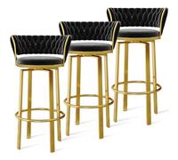 MESOVFCA 360 ° Swivel Height Bar Stools Set of 1/2/3/4, Open-back Velvet Barstools with Woven Back and Gold/Black Footrest, Dining Chairs for Kitchen Island Pub,Black Gold Leg,3 PCS