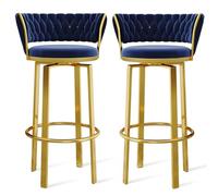 MESOVFCA 360 ° Swivel Height Bar Stools Set of 1/2/3/4, Open-back Velvet Barstools with Woven Back and Gold/Black Footrest, Dining Chairs for Kitchen Island Pub,Blue Gold Leg,2 PCS