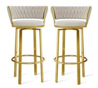 MESOVFCA 360 ° Swivel Height Bar Stools Set of 1/2/3/4, Open-back Velvet Barstools with Woven Back and Gold/Black Footrest, Dining Chairs for Kitchen Island Pub,White Gold Leg,2 PCS