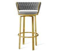MESOVFCA 360 ° Swivel Height Bar Stools Set of 1/2/3/4, Open-back Velvet Barstools with Woven Back and Gold/Black Footrest, Dining Chairs for Kitchen Island Pub,Grey Gold Leg,1 PCS