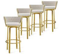 MESOVFCA 360 ° Swivel Height Bar Stools Set of 1/2/3/4, Open-back Velvet Barstools with Woven Back and Gold/Black Footrest, Dining Chairs for Kitchen Island Pub,White Gold Leg,4 PCS