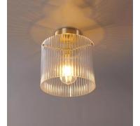 MESOVFCA 7.8" Antique Brass Flush Mount Ceiling Light Fixture with Clear Ribbed Glass Indoor Cylindrical Small Kitchen Close to Ceiling Lamp for Hallway Porch Entryway Farmhouse Foyer