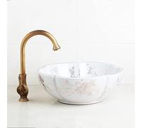 MESOVFCA Bathroom Sink Set Blue Art Ceramic Vessel Basin Roatated Antique Brass Faucet White Inside Basin Mixer Tap Pop Up Drain(4615)