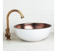 MESOVFCA Bathroom Sink Set Blue Art Ceramic Vessel Basin Roatated Antique Brass Faucet White Inside Basin Mixer Tap Pop Up Drain(4617)
