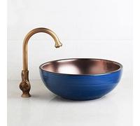MESOVFCA Bathroom Sink Set Blue Art Ceramic Vessel Basin Roatated Antique Brass Faucet White Inside Basin Mixer Tap Pop Up Drain(4616)