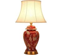 MESOVFCA Floral Table Lamp Red Flowers and Birds Ceramic Table Lamp Vintage Asian Chinese Style Ginger Jar with White Drum Shade Decor Bedside Nightstand for Living Room Bedroom House Home Office