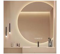 MESOVFCA Illuminated Round Mirror for Bathroom, Wall-Mounted Mirror with Explosion-Proof - Anti-Fog - Three-Color Light - Time Humidity(Right Cut,80cm/31.5in)