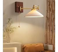 MESOVFCA Vintage Brass Swinging Arm Wall Lamp - Pull Chain Sconce with Pleated Milk Glass Shade, Nordic Farmhouse Style, Wood Wall Mounted Reading Light for Bedroom & Living Room Hotels