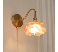 MESOVFCA Vintage Wall Sconce with Pull Chain Hardwired Rose Floral Glass Flower Wall Sconce Antique Gold Gooseneck Bedside Wall Lamp for Girls Bedroom Kids Bathroom Living Room Farmhouse Home